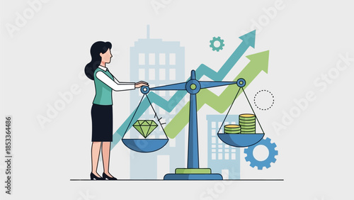 Businesswoman balancing wealth and value with scales