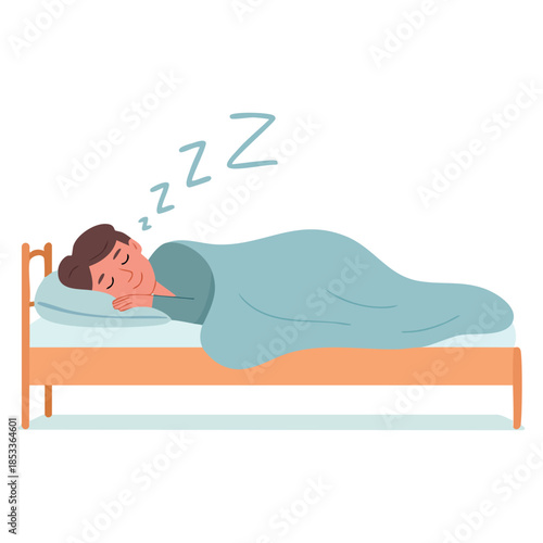 Beautiful young man character sleeping in his bed vector illustration perfect for people resting relaxation bedroom lifestyle and health themed artwork