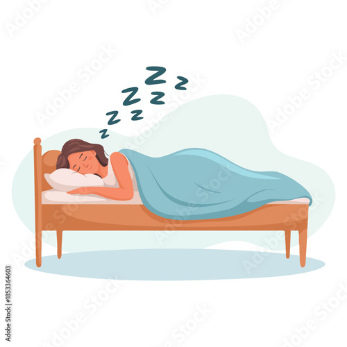 Beautiful young woman character sleeping in her bed vector illustration perfect for people resting relaxation lifestyle bedroom or wellness themed artwork