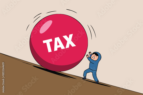 Big heavy tax ball rolling downhill toward depressed panic businessman representing tax payment deadline mistake no financial planning and investment concept illustration