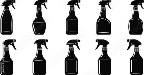 Spray bottle silhouettes collection set, cleaning and disinfectant containers, trigger sprayer packaging icons, black vector illustration for household, industrial, chemical product design