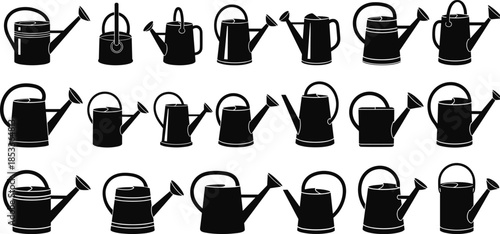 Watering can silhouettes collection set, gardening tools and irrigation containers icons, black vector illustration for garden care, farming, landscaping design