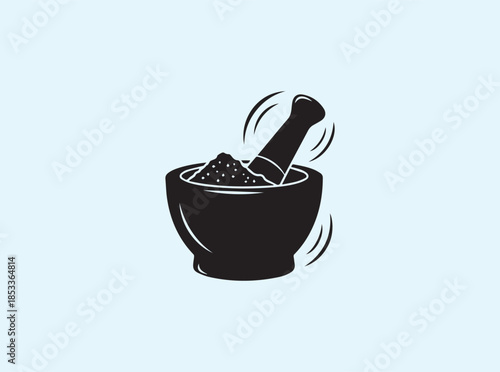 Black Mortar and Pestle Silhouette Showing Spice Grinding Action
