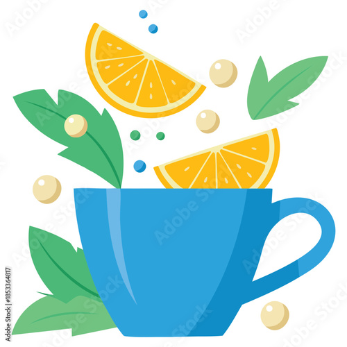 Blue cup with lemon tea vector flat illustration simplified bright color on white background suitable for beverage food drink and kitchen themed designs