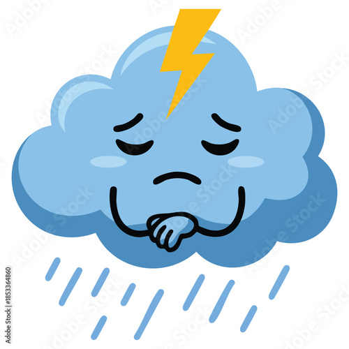 Blue fluffy cloud with grumpy face and folded arms pouring rain drop and lightning vector illustration perfect for weather, storm, cartoon, and cute designs