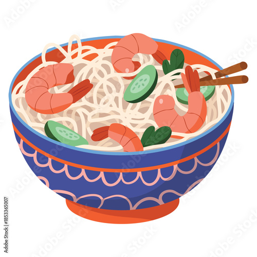 Bowl of Chinese glass noodles with shrimp vector illustration ideal for Asian food wok cuisine serving dish and traditional recipe designs