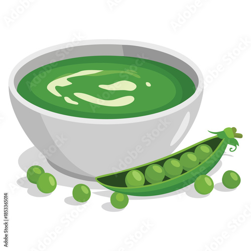 Bowl of pea soup vector illustration with cream fresh peas isolated on white background perfect for culinary food recipe or restaurant themed designs