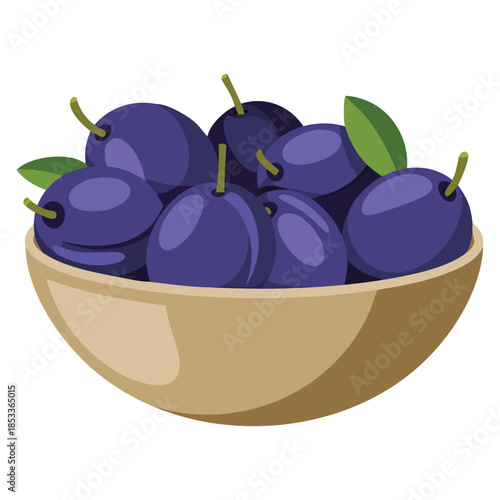 Bowl of plums vector illustration isolated on white background perfect for recipe cards kitchen decoration or fruit themed digital and print designs