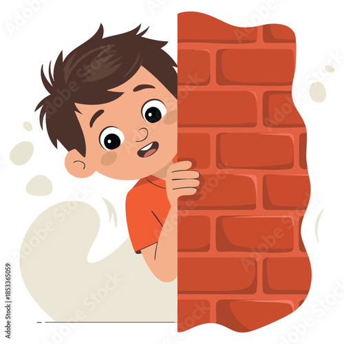 Boy hiding behind brick wall and peeping cartoon vector illustration perfect for playful kid scenes school fun and curiosity themed designs