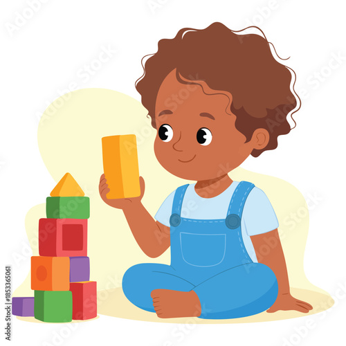 Boy building from colorful blocks vector illustration on white background perfect for kids education, playtime, creativity, or learning themed designs