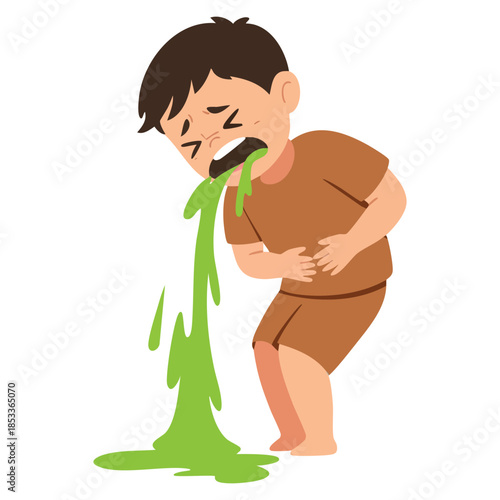 Boy vomiting sick kid feeling unwell vector illustration part of children health problems series ideal for educational medical awareness or kids themed design