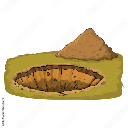 Brown underground ground pit hole dig burrow pile vector artwork showing excavated earth soil opening and natural terrain cavity for geology or construction design