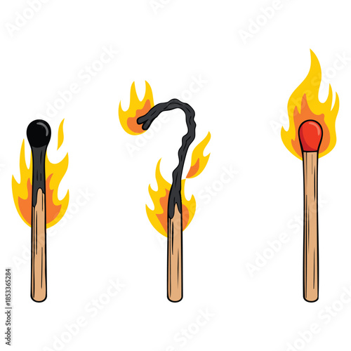 Burning match stick set of burn row stick vector illustration showing ignition stages perfect for fire concept dramatic artwork and safety themed designs