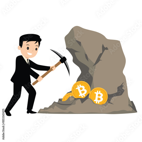 Businessman in formal black suit with pickaxe extracting bitcoins from mine vector illustration. Cryptocurrency and digital money concept in flat style