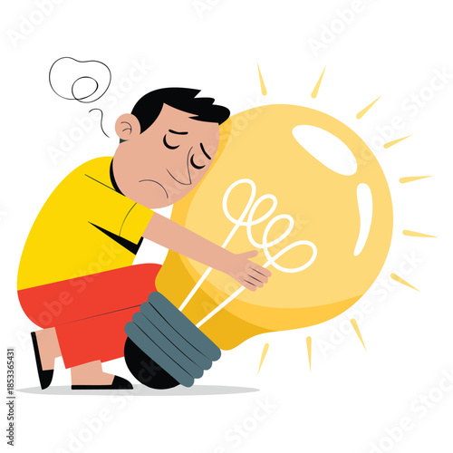 Businessman character having no idea feeling stressed depressed hugging big light bulb vector illustration perfect for business, problem, and idea themes