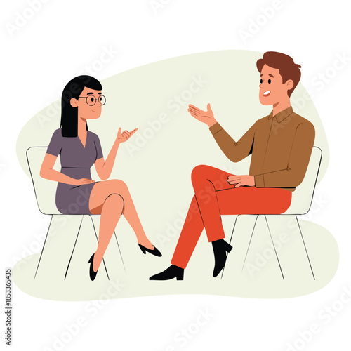 Businessman or celebrity character sitting on chair giving interview to female journalist with microphone press conference live report flat vector illustration