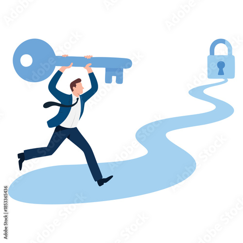Businessman running along winding path with key from padlock vector illustration perfect for goal achievement, strategy, business success, and creative concepts