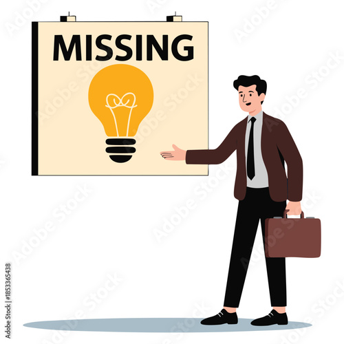 Businessman standing in front of missing idea poster concept illustration representing creativity loss problem solving and searching for inspiration in design themes