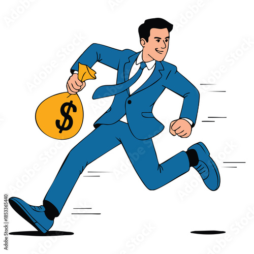Businessman running with a large money bag with a black dollar sign symbol bank robbery concept corruption and fraud illustration suitable for finance themes