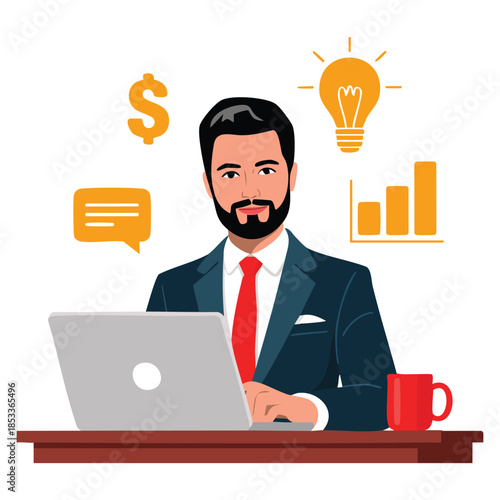 Businessman working with laptop illustration ideal for office productivity business workflow remote work concept and corporate professional themed artwork