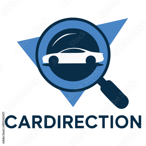 Car direction vector logo template with magnifying glass symbol suitable for search finder navigation driving assistance and automotive oriented brand identity