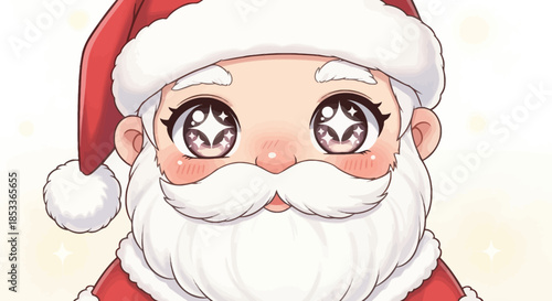 Kawaii santa claus face with big sparkling eyes and white beard wearing red hat with fur trim on white background