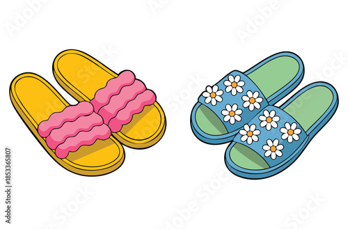 Cartoon doodle style cozy house slippers set modern warm comfortable slippers vector illustrations suitable for home lifestyle trendy cozy design themes