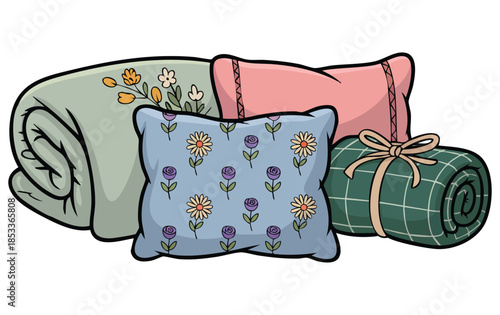 Cartoon flat style pillows and blankets set bed linen trendy good night vector illustrations in retro doodle style suitable for cozy home decor themes