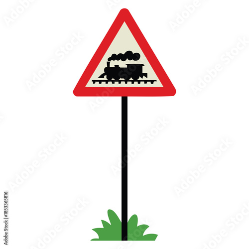 Cartoon flat vector illustration of triangular road sign with train without barrier railroad crossing ahead perfect for mobile game book or traffic rules design