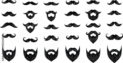 Mustache and beard silhouettes collection set, barber grooming styles icons, hipster facial hair designs, black vector illustration for men, salon branding