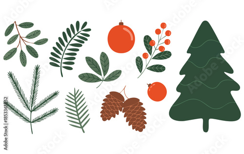 Cartoon forest tree cone mistletoe and plants stickers in retro flat style cozy cheerful winter elements vector nature illustration for greeting cards patches labels stamps stickers
