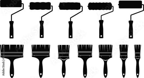 Paint rollers and brushes silhouettes collection set, wall painting and decorating tools icons, black vector illustration for construction, renovation, interior design projects