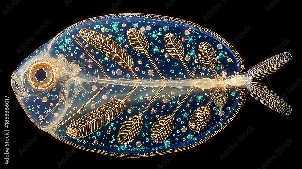 Fototapeta premium Detailed close-up of a glasswing fish specimen with skeletal features and intricate leaf patterns