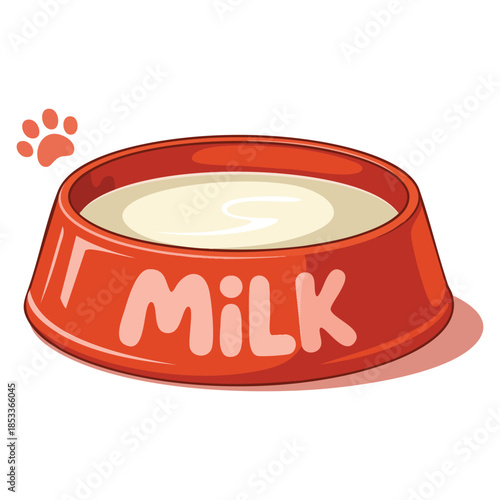 Cartoon style red cat bowl full of milk vector illustration isolated perfect for cute pet food design childrens artwork or animal themed project