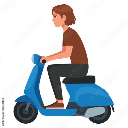 Cartoon style vector illustration of young woman riding scooter side view driving motorbike perfect for casual urban lifestyle transportation or character themed designs