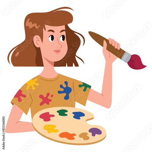 Cartoon vector illustration of artist girl character with blue hair holding palette and paint brush suitable for creative art education painting school or hobby designs