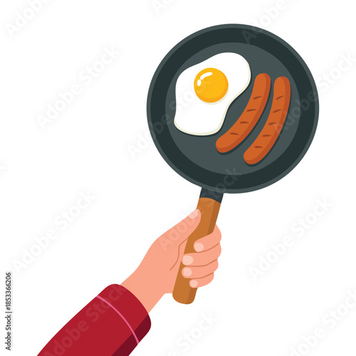 Cartoon vector illustration of hand holding frying pan with egg and sausage ideal for culinary cooking utensil kitchen breakfast and food themed artwork