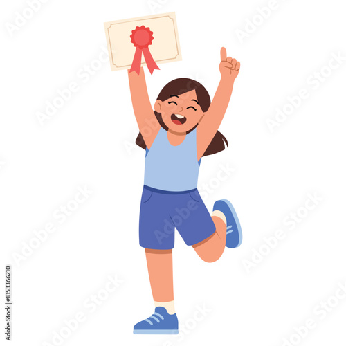 Cartoon vector illustration of happy girl holding excellent report card wearing blue sports uniform suitable for school education achievement or children themed artwork