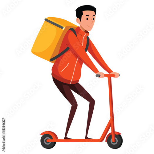 Cartoon vector illustration of male courier on kick scooter carrying parcel box perfect for delivery of goods fast shipping and transportation themed artwork