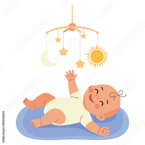 Cartoon vector illustration of naked baby in diaper playing with toy carousel lying in bed colorful character ideal for children themed designs and posters