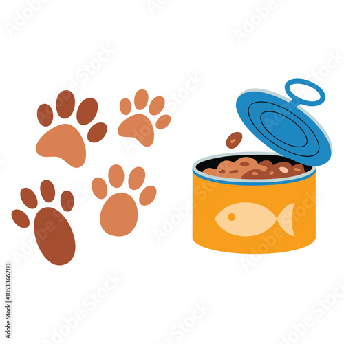 Cartoon vector illustration of paw prints with opened cat food can ideal for pet design packaging animal themed creative and playful artwork