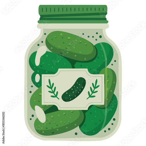 Cartoon vector illustration of pickled cucumbers glass jar brand label isolated flat design suitable for canned food organic product or shop advertisement artwork