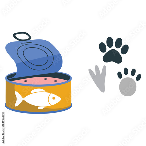 Cat pet food can with paw prints cartoon vector illustration perfect for pet care designs animal themed packaging and fun creative artwork