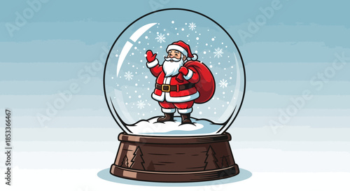 Santa claus in a snow globe, waving with a gift bag on his back, surrounded by snowflakes, on a wooden base, festive holiday illustration