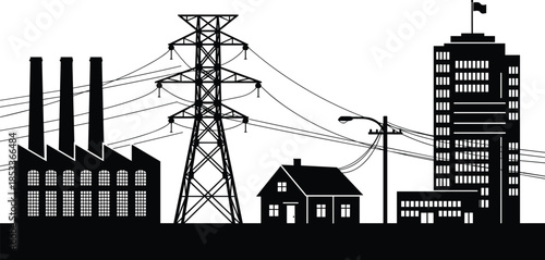 Black industrial silhouette featuring a power plant, electricity transmission towers, and utility lines connecting a residential house to a city skyscraper.