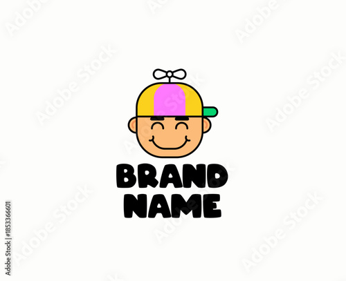 Cute smiling kid mascot logo wearing a colorful propeller hat in simple cartoon style. Friendly flat illustration perfect for kids brands, toys, education, games, and playful company branding.