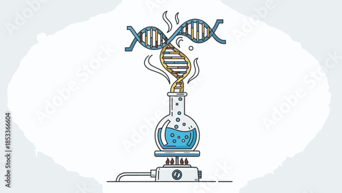 Conceptual genetic research illustration DNA experiment in a laboratory flask, scientific discovery