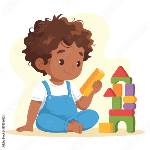 Child building colorful blocks vector illustration on white background suitable for learning, playtime, creativity, and educational kids designs