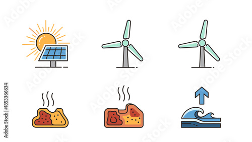 Renewable energy icons solar, wind, geothermal, and ocean power concepts