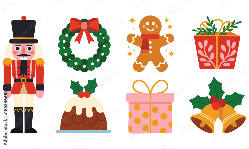 Fototapeta premium Christmas wreath snowman gingerbread man santa claus nutcracker gifts cupcake and traditional decorations in a merry christmas and happy new year vector flat elements set